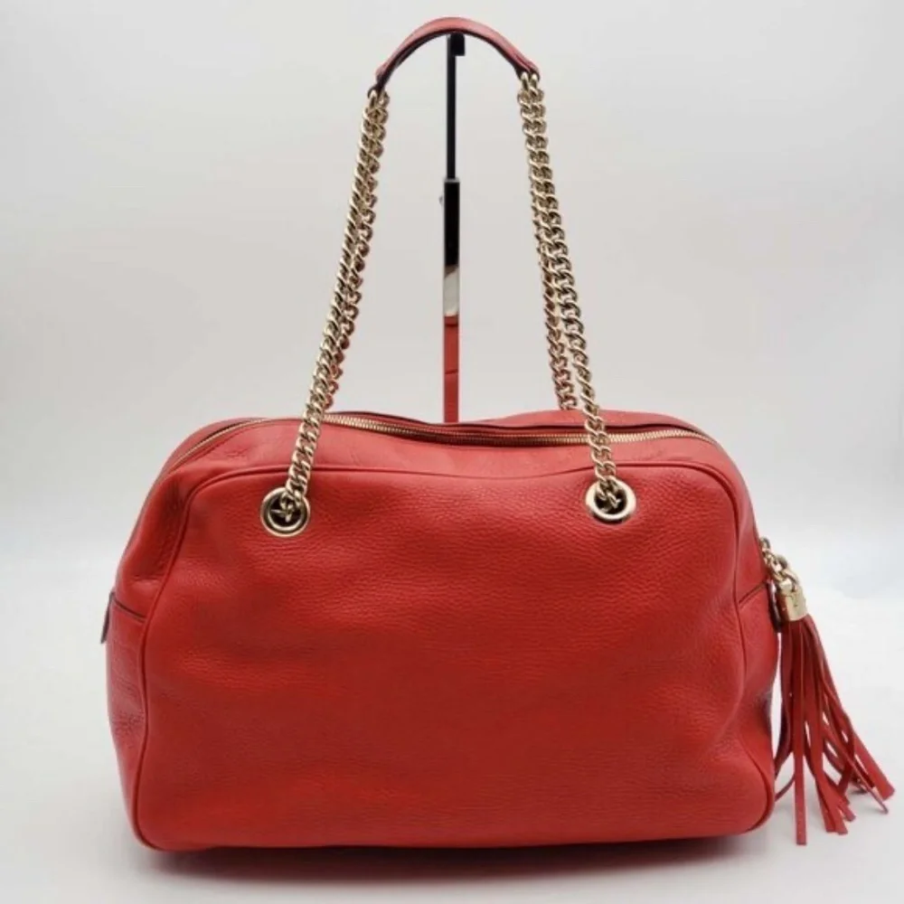 Authentic Gucci Soho Chain Shoulder Bag Red Leather GG Logo Crossbody Bag - Picture 2 of 14